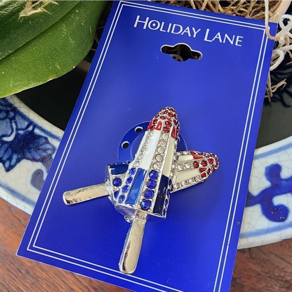 Holiday Lane Silver-Tone Red White & Blue Pave Popsicle Pin/Brooch - New